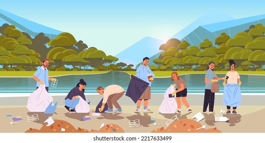 people collecting trash into bag beach cleanup generation Z lifestyle concept new demography trend with progressive youth gen