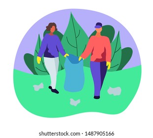 People Collecting Trash into Bags in forest. Pollution of forest with Different Kinds of Garbage. Volunteers Clean Up Wastes on forest edge. Ecology Protection Concept Cartoon Flat Vector Illustration