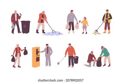 Gente recolectando basura en bolsas, recogiendo basura y arrojando basura a los basureros. Voluntarios y empleados de limpieza establecen el ambiente de limpieza de los desechos. Ilustración vectorial plana aislada en fondo blanco