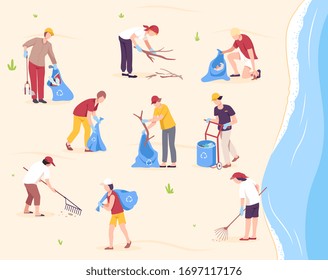 People Collecting Trash into Plastic Bags, Volunteers Cleaning the Beach From Pollution, Men and Women Taking Care about Planet Vector Illustration