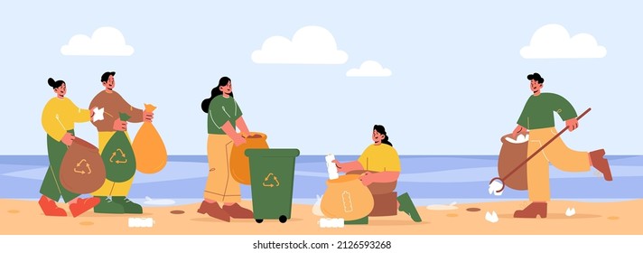 People collecting trash on beach. Volunteers with bags and recycling bins clean up wastes on ocean coastline. Seaside pollution with different garbage, ecology protection, Line art vector illustration