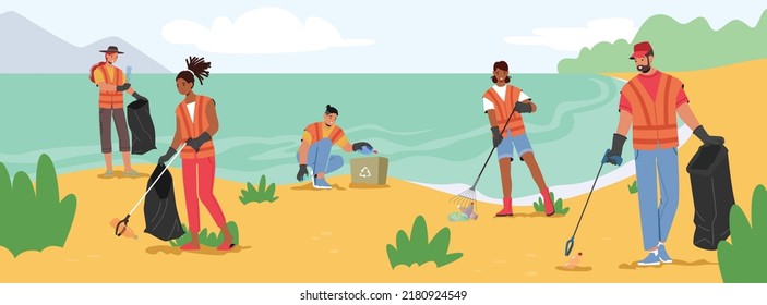 Gente recolectando basura en la playa del mar, contaminación de basura, ecología y concepto de protección de la Tierra con diversos voluntarios limpian desechos en bolsas en la costa del océano. Ilustración del vector de dibujos animados