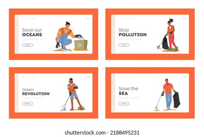 People Collecting Trash on Sea Beach Landing Page Template Set. Garbage Pollution, Ecology and Earth Protection. Volunteers Clean Up Wastes into Bags on Ocean Coastline. Cartoon Vector Illustration