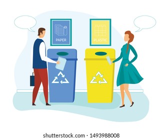People Collecting Trash, Throw Garbage into Containers and Bags with Recycle Sign. , Environmental Pollution Problem, Ecology Protection, Recycling, Reduce Plastic. Cartoon Flat Vector Illustration