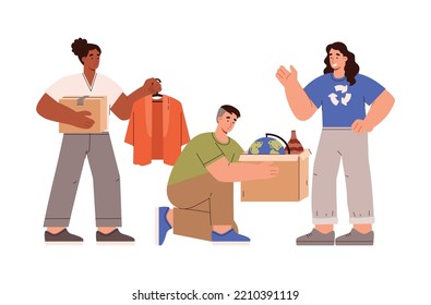 People collecting used things for recycling or charity, flat cartoon vector illustration isolated on white background. Wastes recycling and used goods donation.