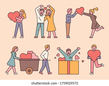 People are collecting various hearts. flat design style minimal vector illustration.