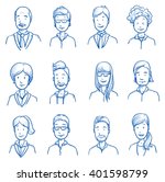 People collection BUSINESS. Set of various happy men and women in business clothes, mixed age expressing positive emotions. Hand drawn line art cartoon vector illustration.