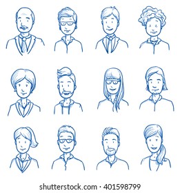 People collection BUSINESS. Set of various happy men and women in business clothes, mixed age expressing positive emotions. Hand drawn line art cartoon vector illustration.