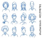 People collection CASUAL. Set of various happy men and women in casual clothes, mixed age expressing positive emotions. Hand drawn line art cartoon vector illustration.
