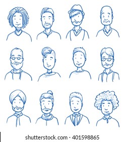 People collection MEN. Set of various happy men in business and casual clothes, mixed age expressing positive emotions. Hand drawn line art cartoon vector illustration.