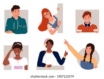 People collection, set of cartoon smiling characters in flat style, young happy guys, girls peep out, with headphones, point with finger, mix race people, black african guy and girl, portraits avatars