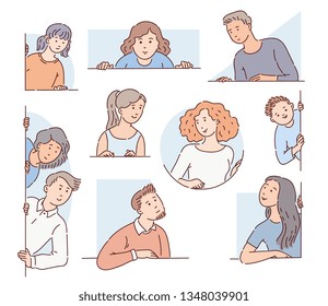 People collection with a window behind. Set of people, men and women, looking out the window with colored shapes and lines. Isolated vector illustration in flat cartoon style.