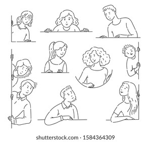People collection with a window behind. Set of people, men and women, looking out the window with lines and outline style, vector illustration.