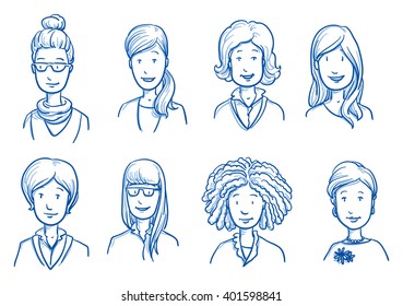 People collection WOMEN. Set of various happy women in business and casual clothes, mixed age expressing positive emotions. Hand drawn line art cartoon vector illustration.