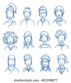 People collection WOMEN. Set of various happy women in business and casual clothes, mixed age expressing positive emotions. Hand drawn line art cartoon vector illustration.