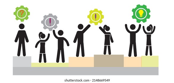 Die Leute lösen gemeinsam die Frage, die sie stellen, die Idee eines Unternehmens. Vektorgrafik eines Geschäftskonzepts. Flaches Design.