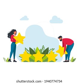 people collects 5 gigant stars businessman collect a stars. good performance in services and work. conceptual and business design concept. Rating concept. feedback online, clients product review