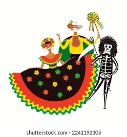 People in Colombian carnival traditional Garabato dance costumes, isolated on white. Hand drawn cartoon characters vector illustration. Barranquilla concept, design element for poster, flyer, banner