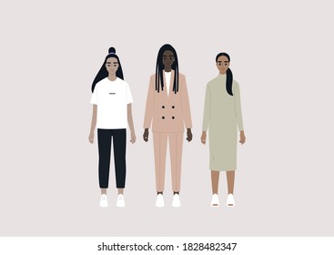 People of color, a diverse group of female characters wearing different outfits: casual, business and elegant