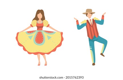 People in Colorful Costumes Dancing at Folklore Party Set, Traditional Brazil June Festival, Festa Junina Cartoon Vector Illustration