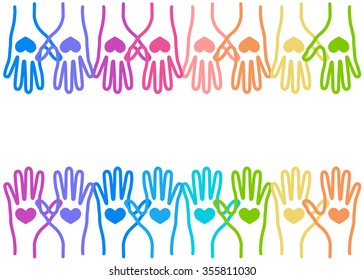 People colorful hands united with love to together. Illustration of teamwork, solidarity, friendship, partnership, communication, united, meeting
