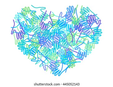 People colorful hands united together in heart form. Illustration of teamwork, solidarity, friendship, partnership, communication, united, meeting, love, amicability, charity.