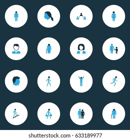 People Colorful Icons Set. Collection Of Bags, Business, Human And Other Elements. Also Includes Symbols Such As Stairs, Oldster, Fitness.