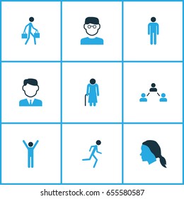 People Colorful Icons Set. Collection Of Bags, Female, Clever And Other Elements. Also Includes Symbols Such As Human, Pulling, Freedom.