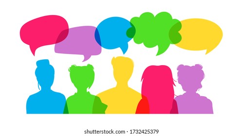 People colorful overlay dialog speech bubble. Flat cartoon style. Group young people students discuss social network, news, social networks, virus. Silhouette speech bubbles. Vector illustration