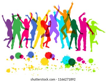 People colorful silhouettes dancing on party. Isolated on white.