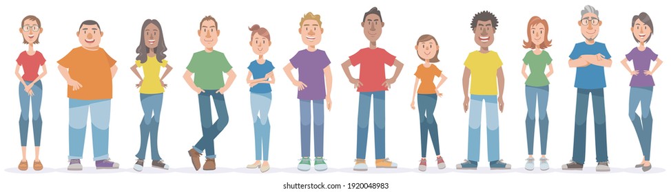 People in colorful T-shirt standing with smile. Set of diverse people whole body on white background. Vector illustration in flat cartoon style.