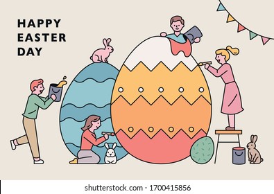 People are coloring large Easter eggs together. flat design style minimal vector illustration.