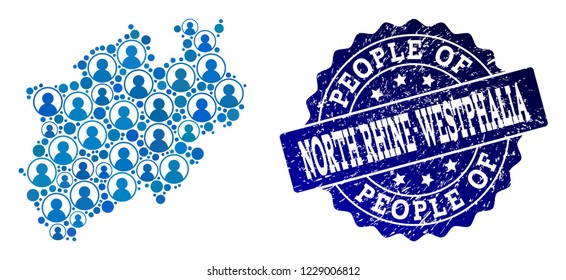 People combination of blue population map of North Rhine-Westphalia State and rubber seal stamp. Vector seal with distress rubber texture.