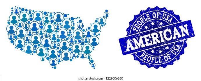 People combination of blue population map of USA and rubber seal. Vector imprint with grunge rubber texture. Mosaic map of USA constructed with rounded users. Flat design for demographics posters.