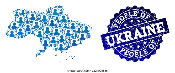 People combination of blue population map of Ukraine and dirty seal. Vector seal with distress rubber texture. Mosaic map of Ukraine designed with rounded users.