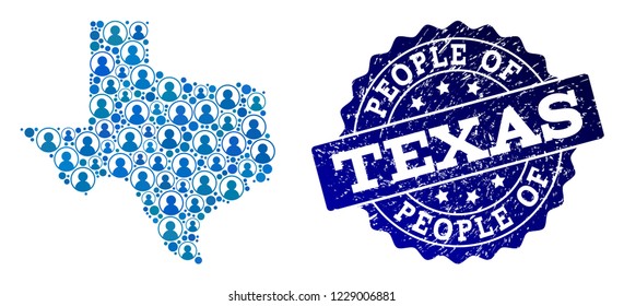 People combination of blue population map of Texas State and dirty seal stamp. Vector seal with scratched rubber texture. Mosaic map of Texas State constructed with rounded users.