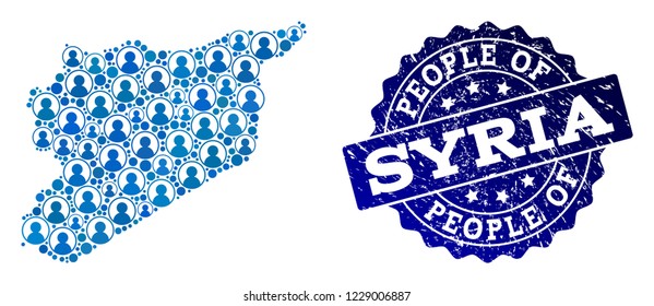 People combination of blue population map of Syria and rubber seal stamp. Vector seal with distress rubber texture. Mosaic map of Syria designed with rounded users. Flat design for political posters.