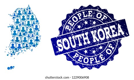 People combination of blue population map of South Korea and rubber seal stamp. Vector seal with unclean rubber texture. Mosaic map of South Korea constructed with rounded users.