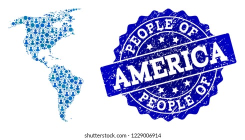 People combination of blue population map of South and North America and grunge seal. Vector seal with grunge rubber texture. Mosaic map of South and North America constructed with rounded users.