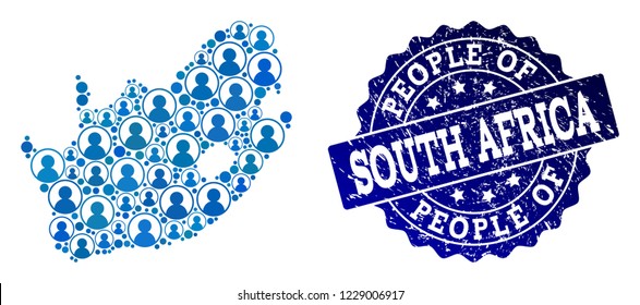 People combination of blue population map of South African Republic and grunge seal. Vector seal with grunge rubber texture. Mosaic map of South African Republic constructed with rounded users.