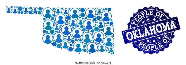 People combination of blue population map of Oklahoma State and rubber seal stamp. Vector imprint with unclean rubber texture. Mosaic map of Oklahoma State constructed with rounded users.