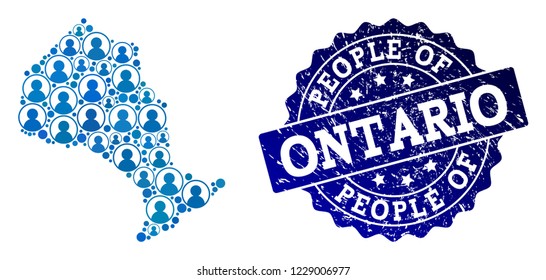 People combination of blue population map of Ontario Province and rubber seal stamp. Vector imprint with distress rubber texture. Mosaic map of Ontario Province designed with rounded users.