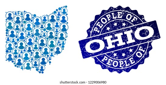 People combination of blue population map of Ohio State and rubber stamp. Vector watermark with unclean rubber texture. Mosaic map of Ohio State designed with rounded users.