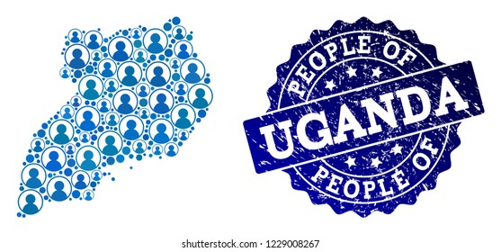 People combination of blue population map of Uganda and rubber stamp. Vector watermark with corroded rubber texture. Mosaic map of Uganda designed with rounded users.