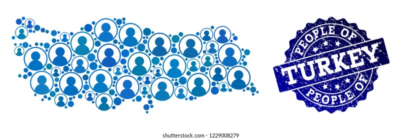 People combination of blue population map of Turkey and scratched seal. Vector seal with grunge rubber texture. Mosaic map of Turkey designed with rounded users.