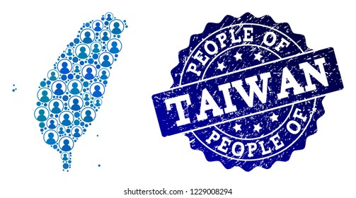 People combination of blue population map of Taiwan and rubber seal. Vector seal with unclean rubber texture. Mosaic map of Taiwan designed with rounded users. Flat design for national illustrations.