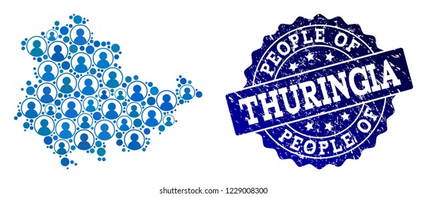 People combination of blue population map of Thuringia State and unclean seal stamp. Vector seal with unclean rubber texture. Mosaic map of Thuringia State designed with rounded users.