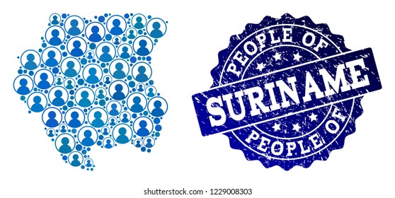 People combination of blue population map of Suriname and rubber seal stamp. Vector seal with distress rubber texture. Mosaic map of Suriname constructed with rounded users.