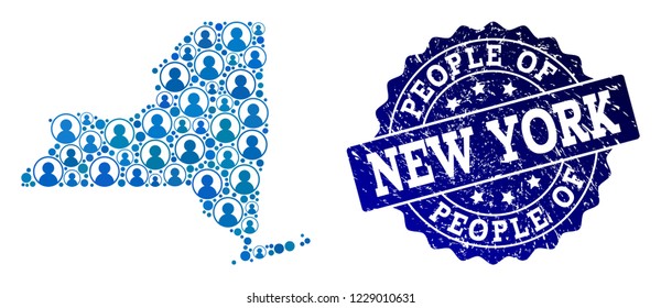 People combination of blue population map of New York State and grunge seal. Vector watermark with grunge rubber texture. Mosaic map of New York State constructed with rounded users.