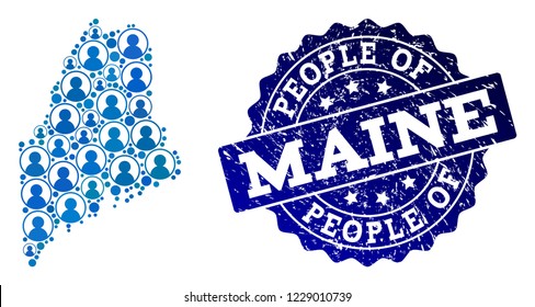 People combination of blue population map of Maine State and rubber seal stamp. Vector seal with corroded rubber texture. Mosaic map of Maine State designed with rounded users.